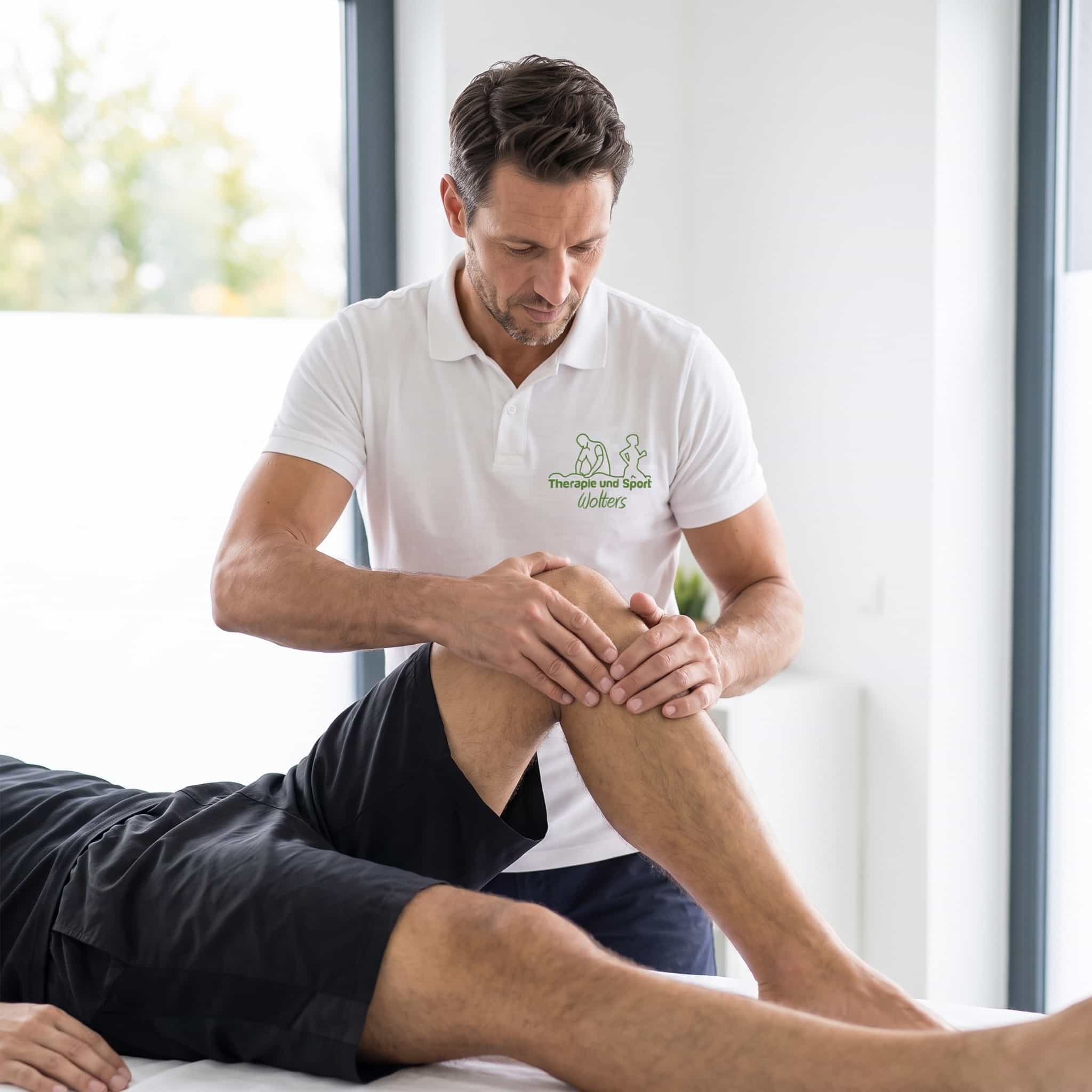 Physiotherapeut behandelt das Knie einer Patientin – Therapie und Sport Wolters